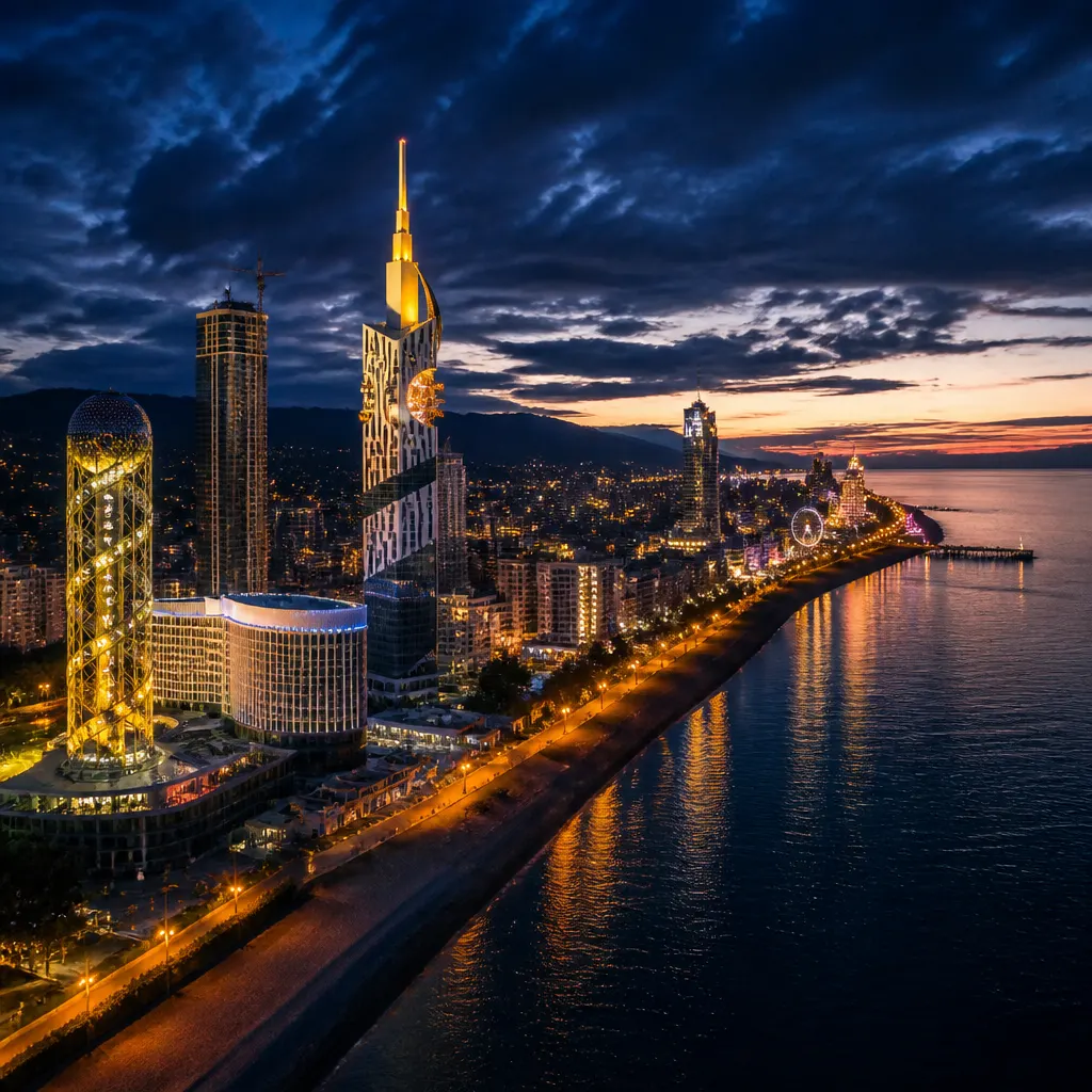 Batumi, Georgia skyline at night — towers along the Black Sea coast